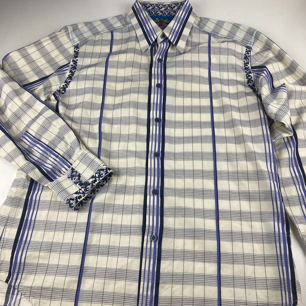 Robert Graham Shirt Mens L Plaid Cotton Modal Silk Trim Long Sleeve Designer